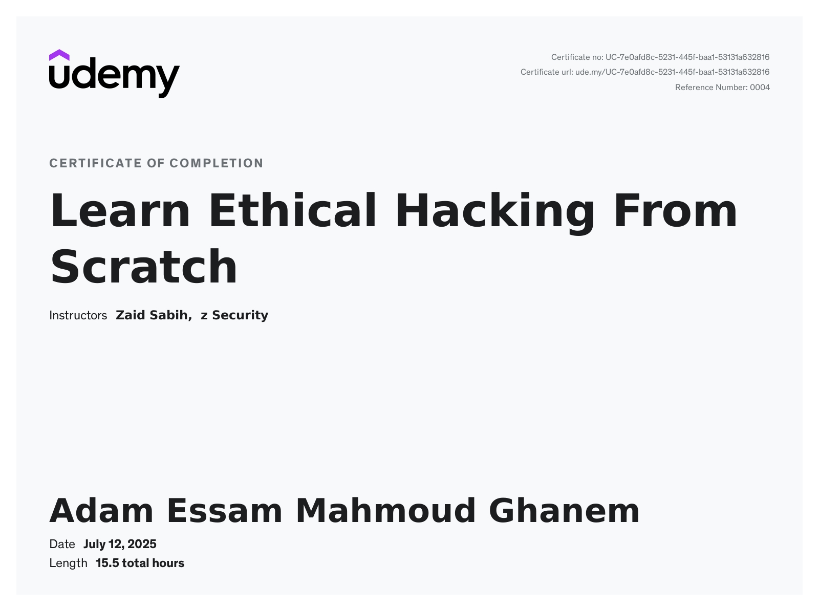Learn Ethical Hacking From Scratch Certificate